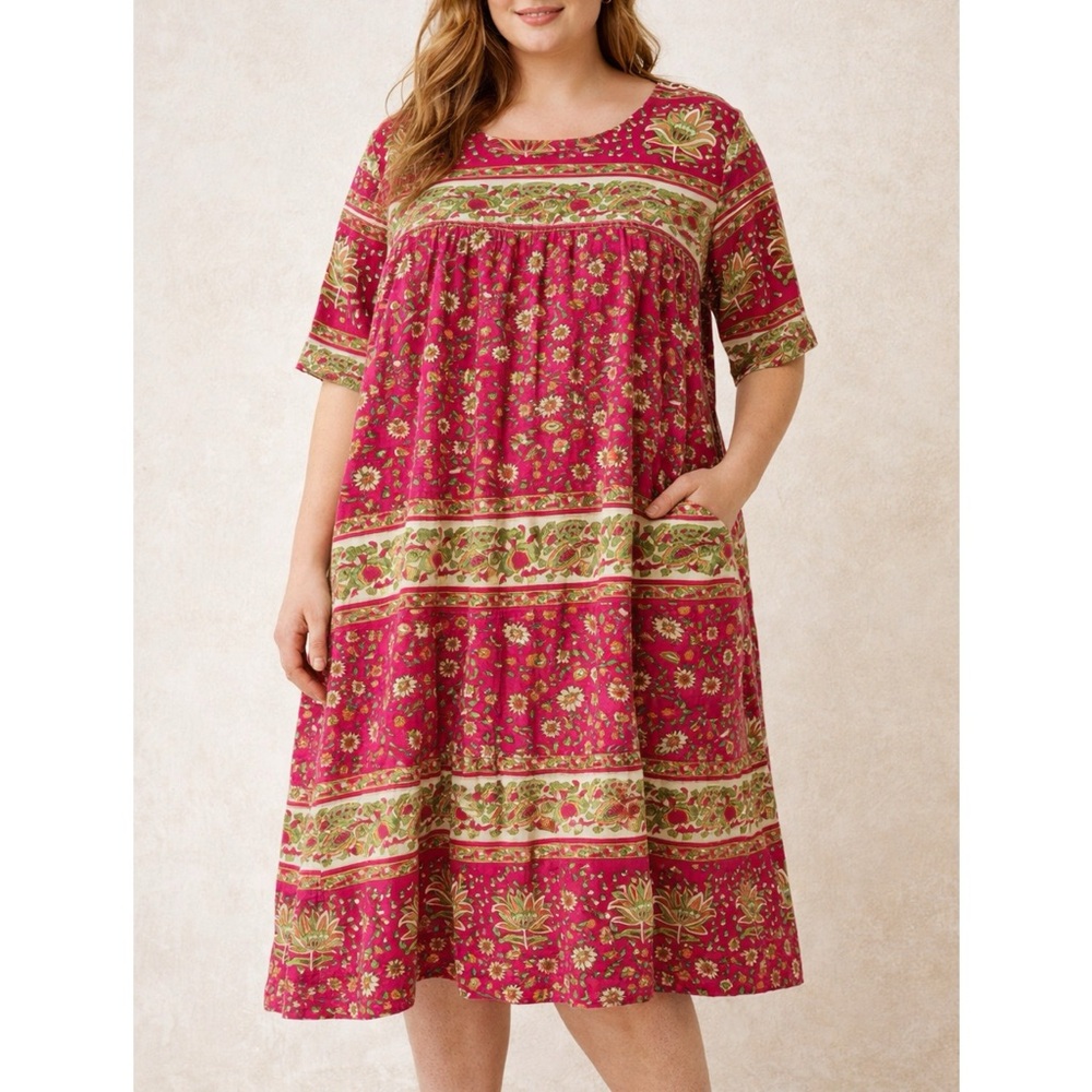 La Cera 1X Cotton Floral Block Print Muumuu Nightgown Dress India Cottagecore